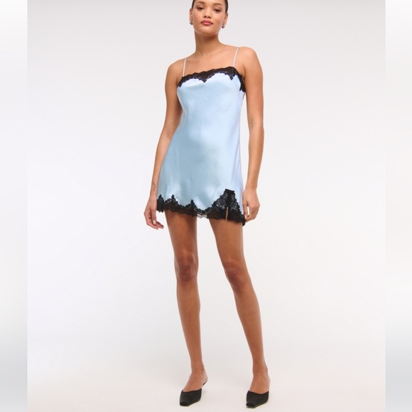 Abercrombie & Fitch Dark Brown Satin Black Lace Trim Slip Mini Dress NWT - Picture 10 of 12